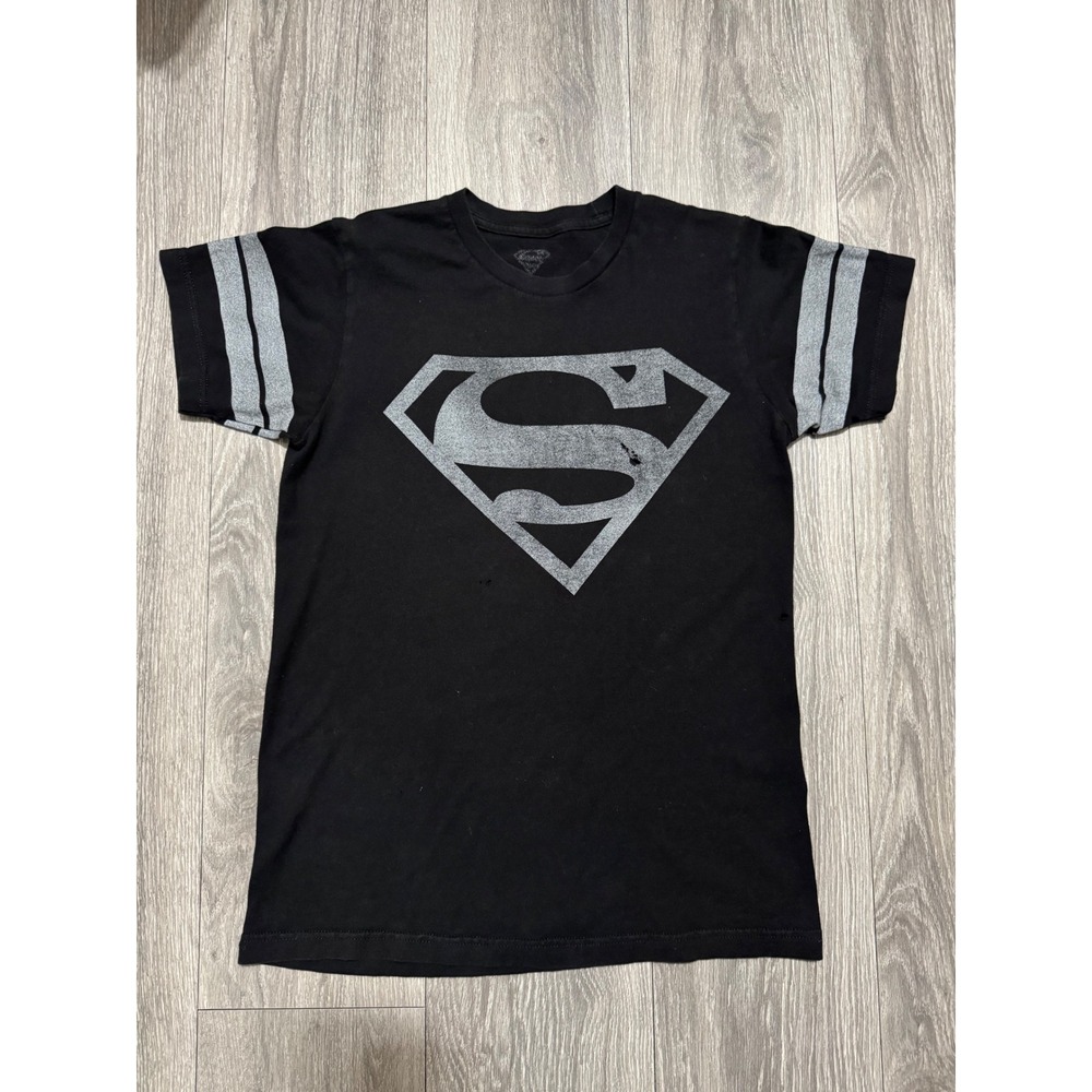 Superman Shirt S DC Comics Graphic Black Grey Striped Sleeve Varsity Tee Women